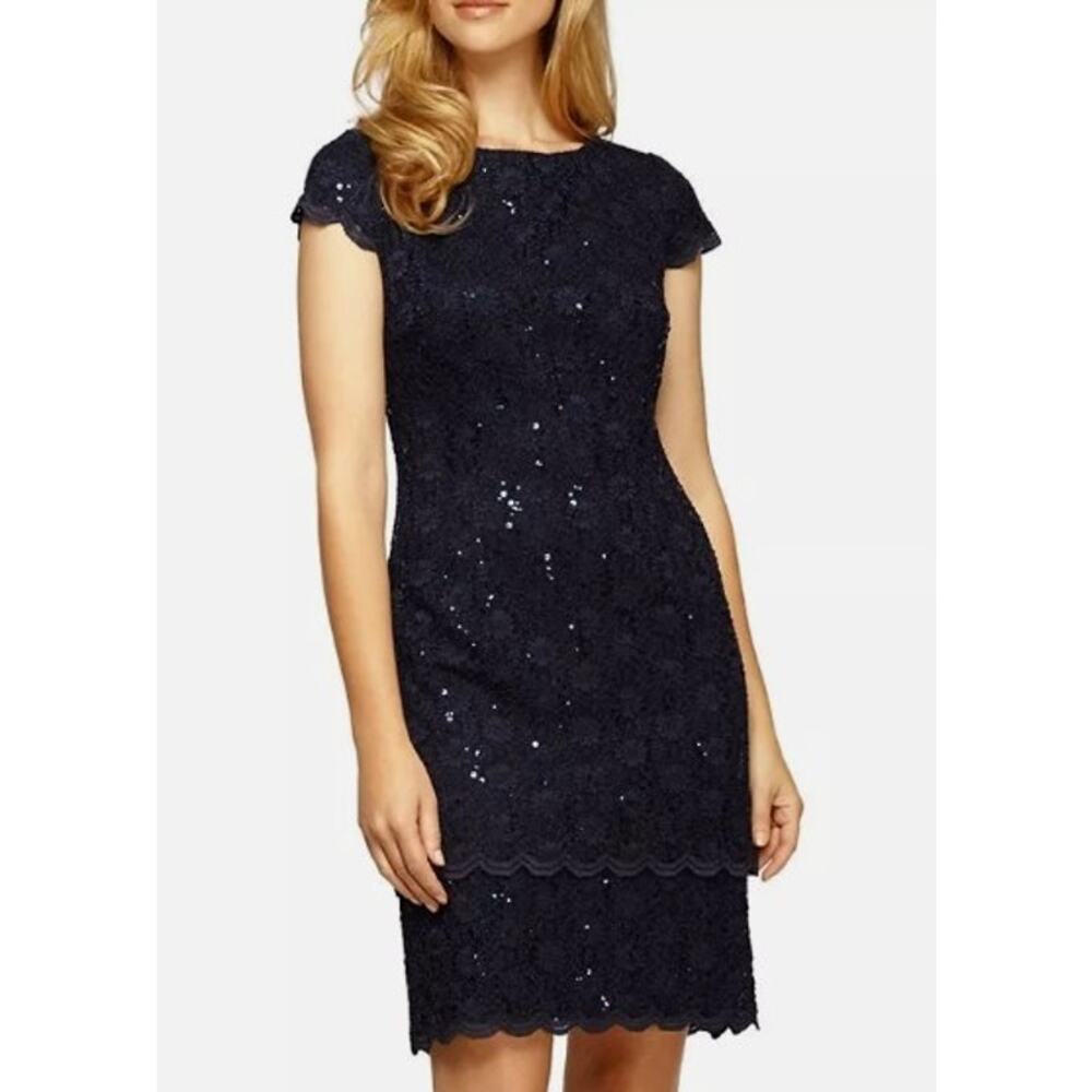 Alex Evenings Shift Dress Sequins Floral Lace Tiered Lined Navy Blue 8 Formal